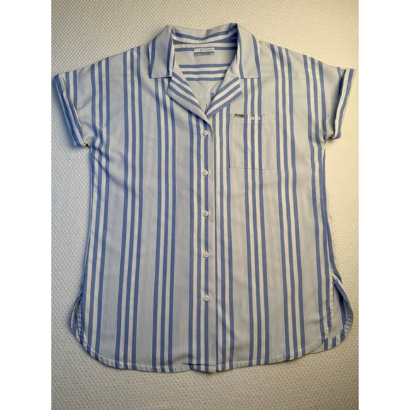 Women's Columbia PFG M White Blue Striped Short Sleeve Button Down Shirt - Picture 3 of 9